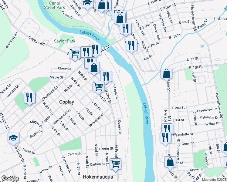 map of restaurants, bars, coffee shops, grocery stores, and more near 130 South Front Street in Coplay