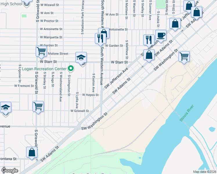 map of restaurants, bars, coffee shops, grocery stores, and more near 3212 Southwest Jefferson Avenue in Peoria