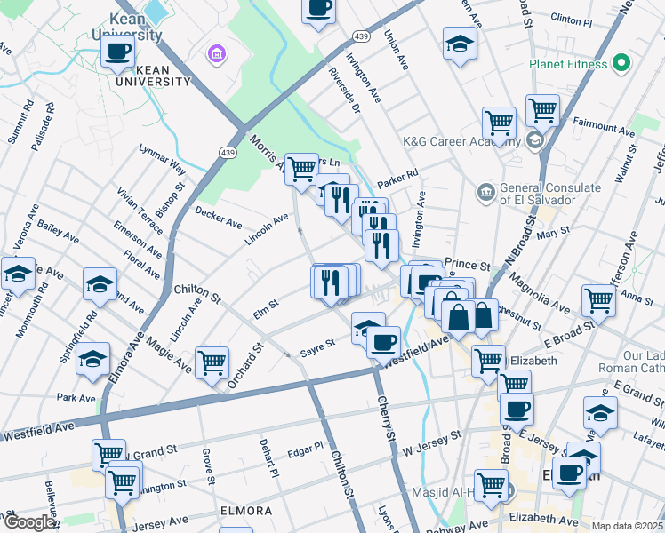 map of restaurants, bars, coffee shops, grocery stores, and more near 41 Elm Street in Elizabeth