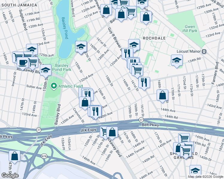 map of restaurants, bars, coffee shops, grocery stores, and more near 134-29 157th Street in Queens