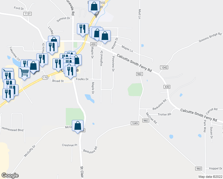 map of restaurants, bars, coffee shops, grocery stores, and more near 17045 Pineview Drive in Calcutta
