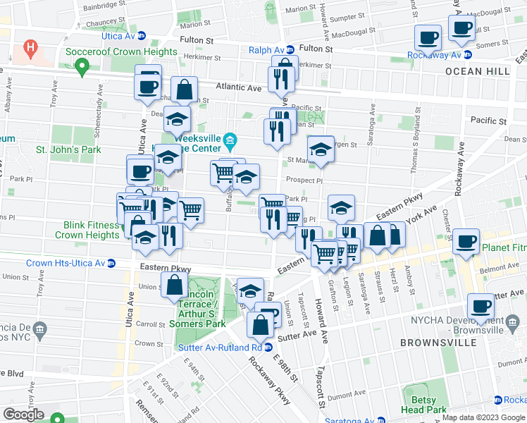 map of restaurants, bars, coffee shops, grocery stores, and more near 1675 Sterling Place in Brooklyn