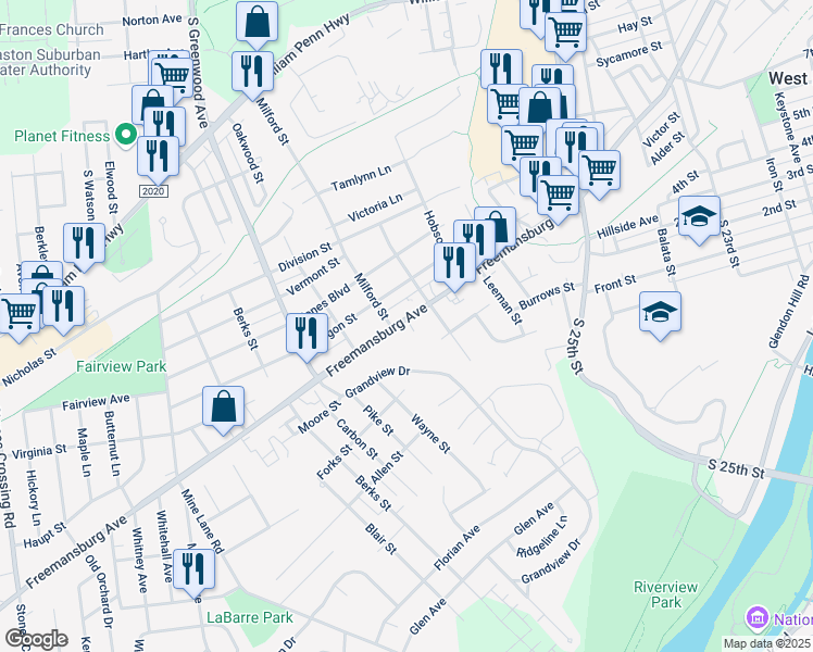 map of restaurants, bars, coffee shops, grocery stores, and more near 2824 Freemansburg Avenue in Easton