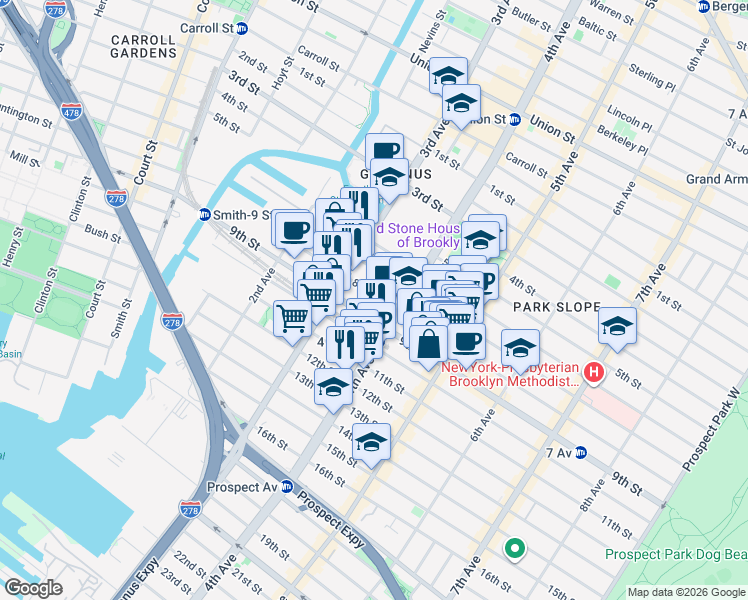 map of restaurants, bars, coffee shops, grocery stores, and more near 188 8th Street in Brooklyn