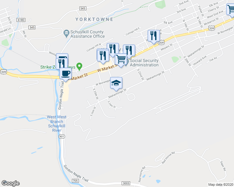 map of restaurants, bars, coffee shops, grocery stores, and more near 99 South 23rd Street in Pottsville
