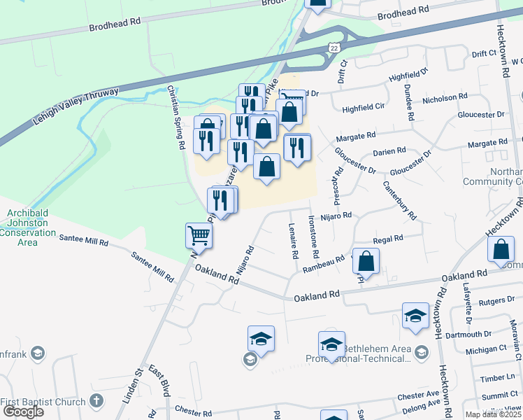 map of restaurants, bars, coffee shops, grocery stores, and more near 2922 Nijaro Road in Bethlehem