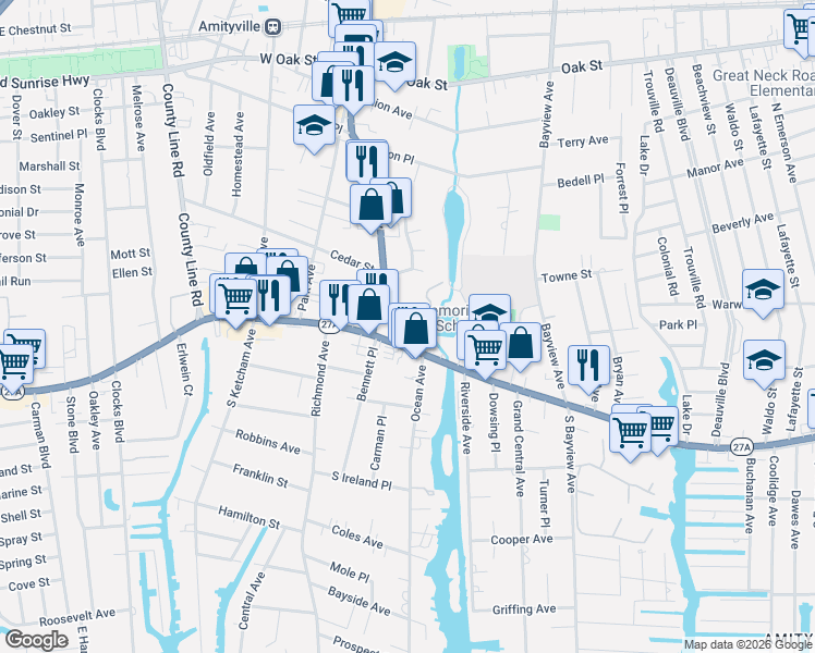 map of restaurants, bars, coffee shops, grocery stores, and more near 182 Merrick Road in Amityville