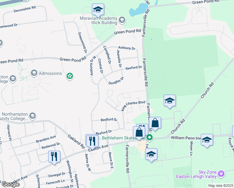 map of restaurants, bars, coffee shops, grocery stores, and more near 120 Quaker Drive in Bethlehem