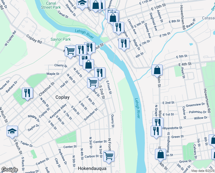 map of restaurants, bars, coffee shops, grocery stores, and more near 130 South Front Street in Coplay