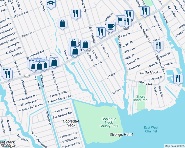 map of restaurants, bars, coffee shops, grocery stores, and more near 754 South 7th Street in Lindenhurst