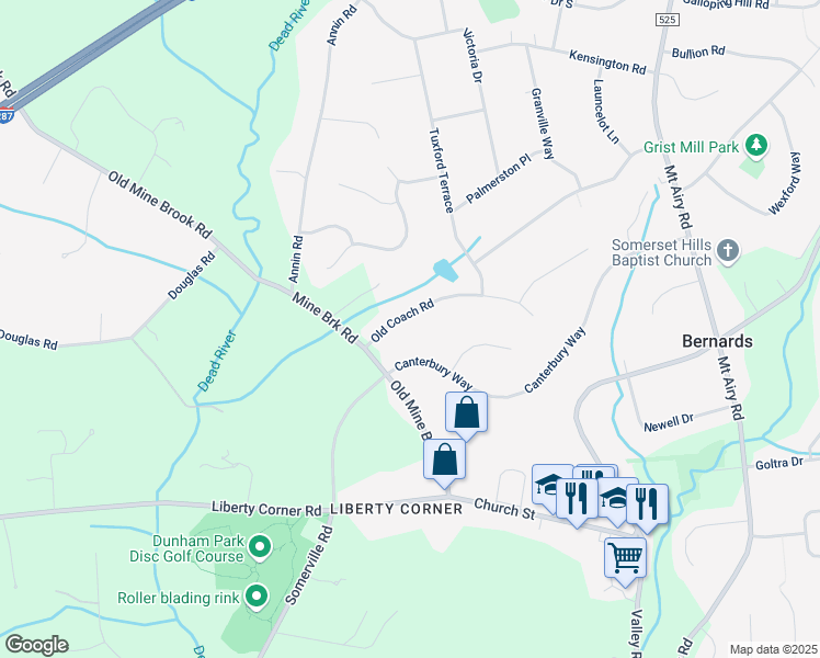 map of restaurants, bars, coffee shops, grocery stores, and more near 15 Old Coach Road in Basking Ridge