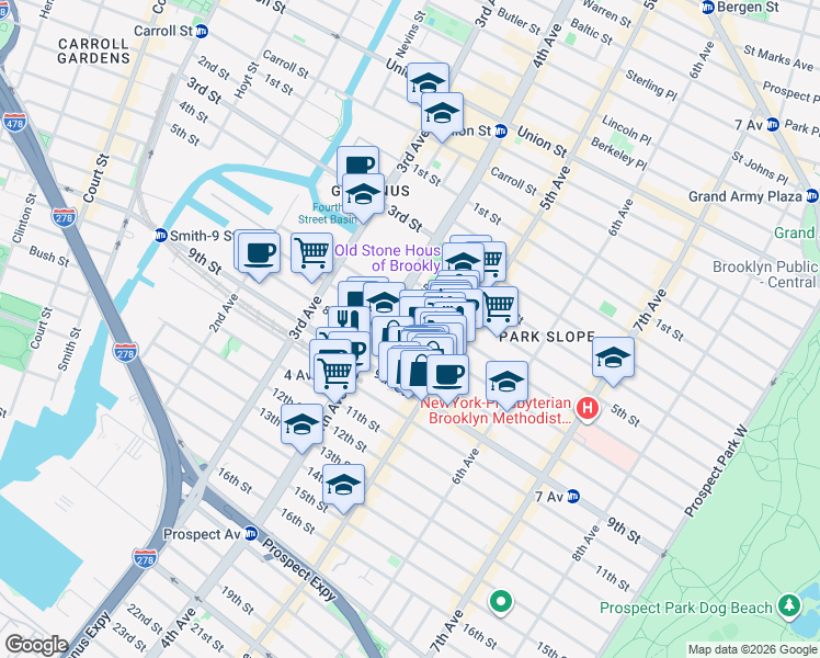 map of restaurants, bars, coffee shops, grocery stores, and more near 285 7th Street in Brooklyn