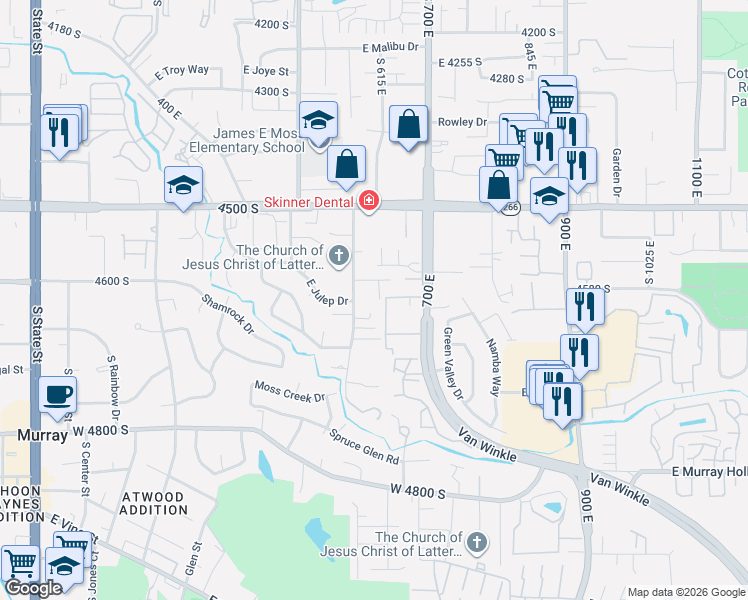 map of restaurants, bars, coffee shops, grocery stores, and more near 4603 South 600 East in Murray