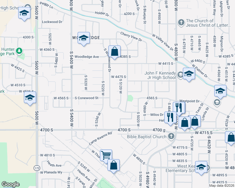 map of restaurants, bars, coffee shops, grocery stores, and more near 5142 Coral Rose Place in West Valley City