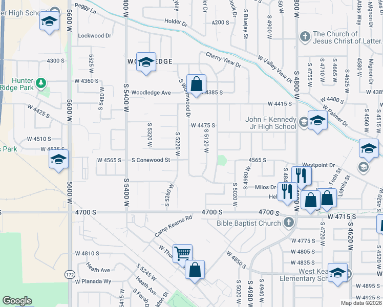 map of restaurants, bars, coffee shops, grocery stores, and more near 5142 Coral Rose Place in West Valley City