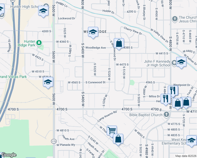 map of restaurants, bars, coffee shops, grocery stores, and more near 5282 South Conewood Street in West Valley City
