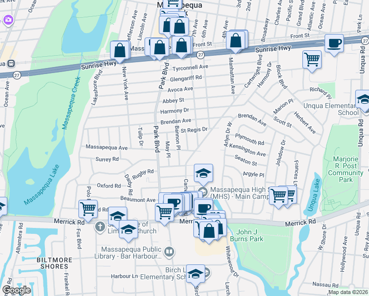 map of restaurants, bars, coffee shops, grocery stores, and more near 164 Massapequa Avenue in Massapequa Park