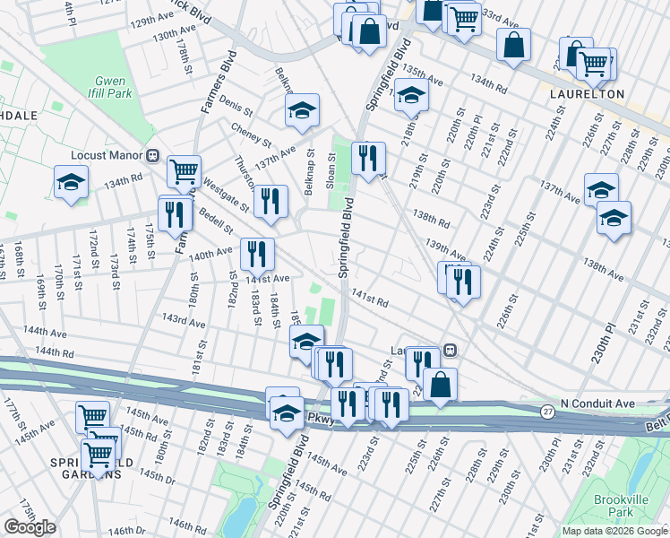 map of restaurants, bars, coffee shops, grocery stores, and more near 14 141st Avenue in Queens