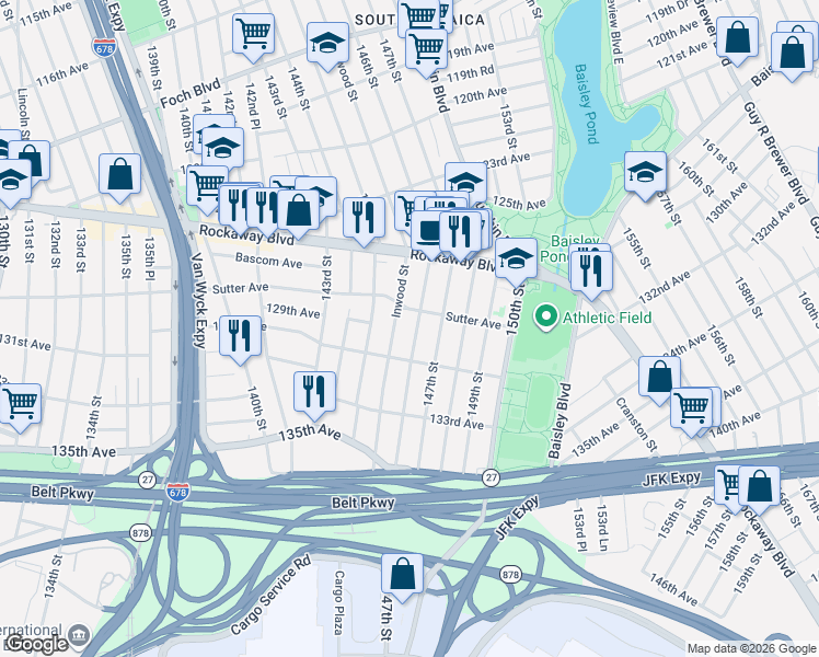 map of restaurants, bars, coffee shops, grocery stores, and more near 128-30 146th Street in Queens