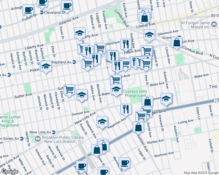 map of restaurants, bars, coffee shops, grocery stores, and more near 615 Logan Street in Brooklyn