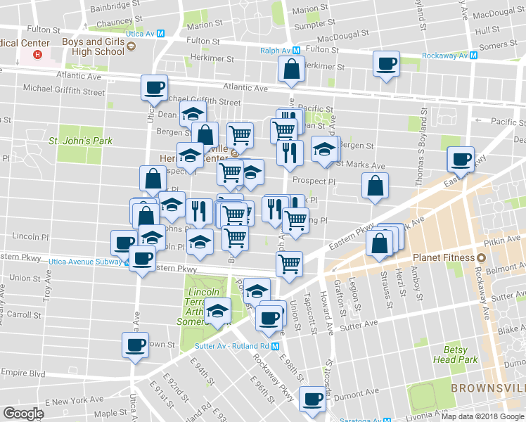 map of restaurants, bars, coffee shops, grocery stores, and more near 1662 Sterling Place in Brooklyn