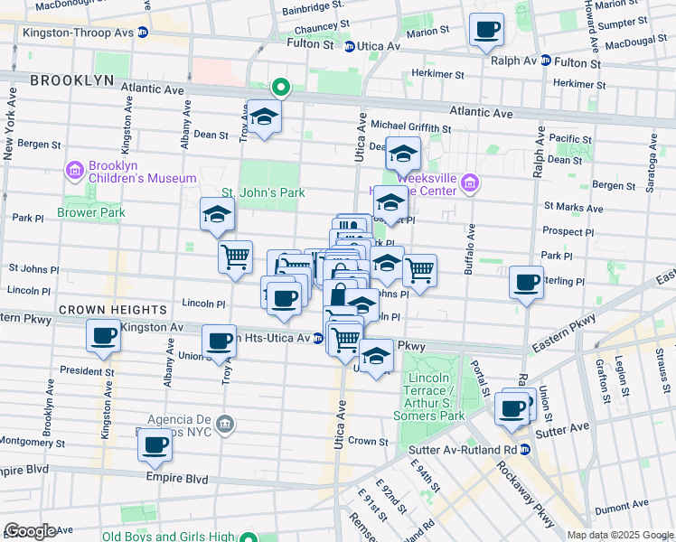 map of restaurants, bars, coffee shops, grocery stores, and more near 1399 Saint Johns Place in Brooklyn