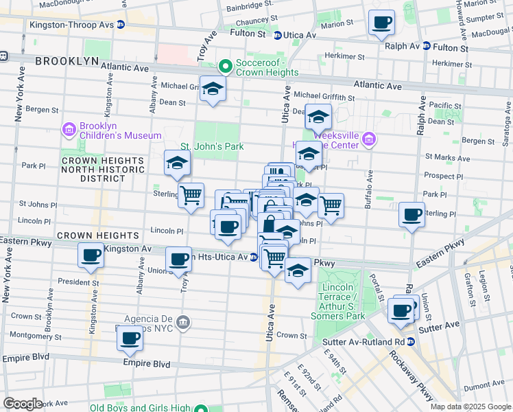 map of restaurants, bars, coffee shops, grocery stores, and more near 1399 Saint Johns Place in Brooklyn