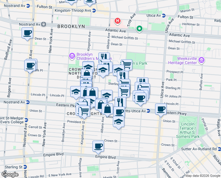 map of restaurants, bars, coffee shops, grocery stores, and more near 1207 Saint Johns Place in Brooklyn