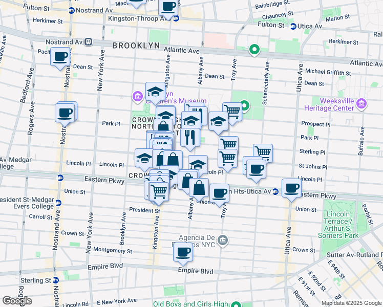 map of restaurants, bars, coffee shops, grocery stores, and more near 1167 Saint Johns Place in Brooklyn