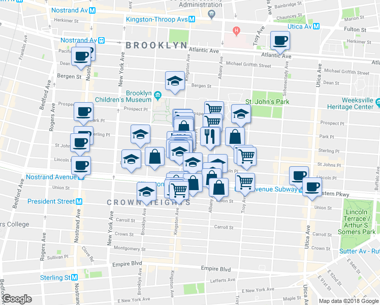map of restaurants, bars, coffee shops, grocery stores, and more near 1120 Saint Johns Place in Brooklyn