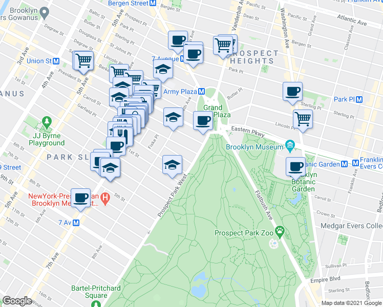 map of restaurants, bars, coffee shops, grocery stores, and more near 51 Montgomery Place in Brooklyn