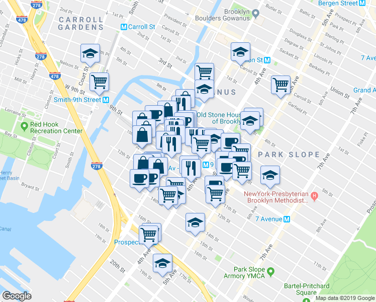 map of restaurants, bars, coffee shops, grocery stores, and more near 208 9th Street in Brooklyn