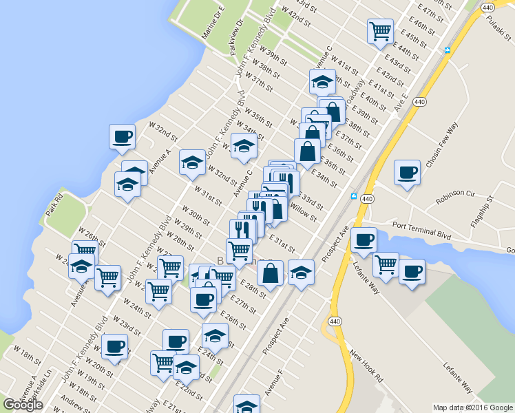 map of restaurants, bars, coffee shops, grocery stores, and more near 16 West 32nd Street in Bayonne
