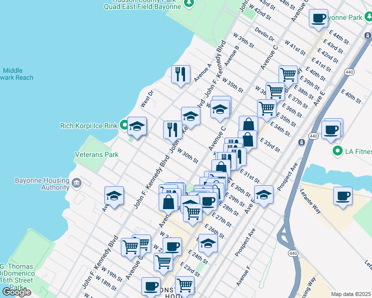 map of restaurants, bars, coffee shops, grocery stores, and more near 96 West 30th Street in Bayonne