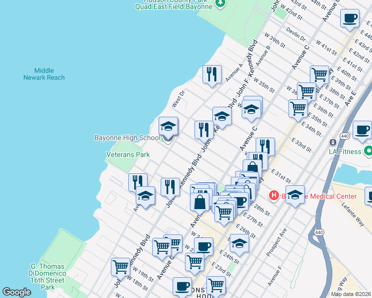 map of restaurants, bars, coffee shops, grocery stores, and more near 120 West 29th Street in Bayonne