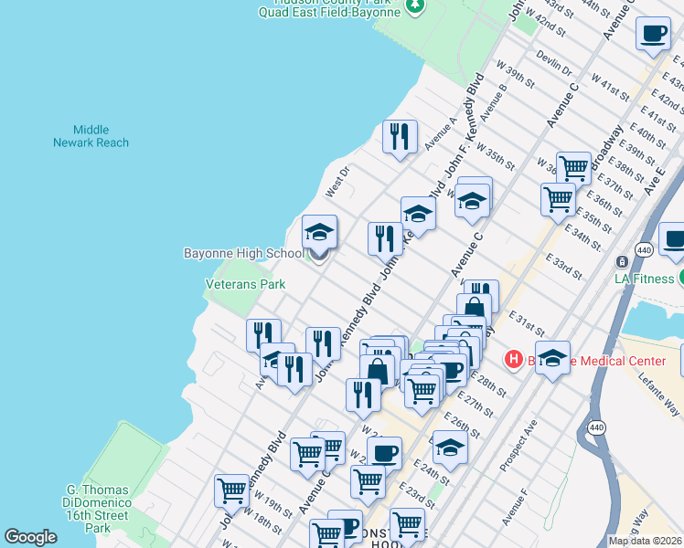 map of restaurants, bars, coffee shops, grocery stores, and more near 658 Avenue A in Bayonne