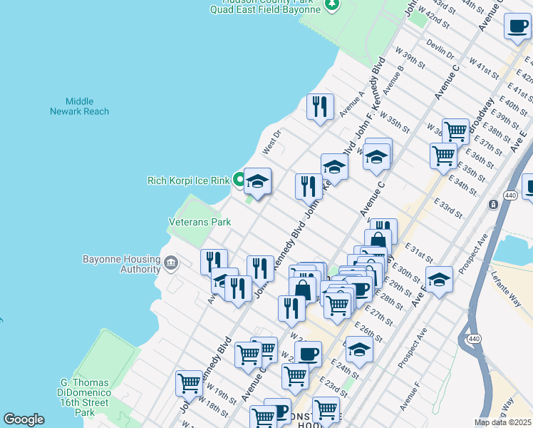 map of restaurants, bars, coffee shops, grocery stores, and more near 658 Avenue A in Bayonne
