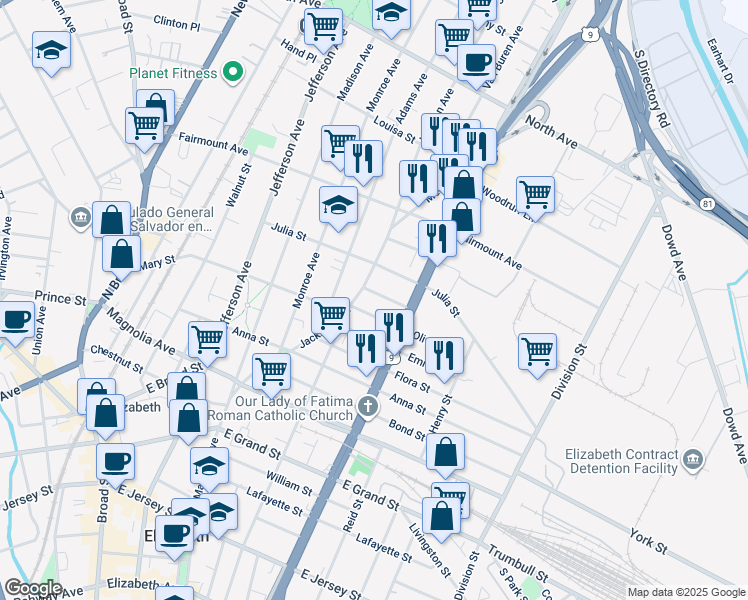 map of restaurants, bars, coffee shops, grocery stores, and more near 1035 Olive Street in Elizabeth