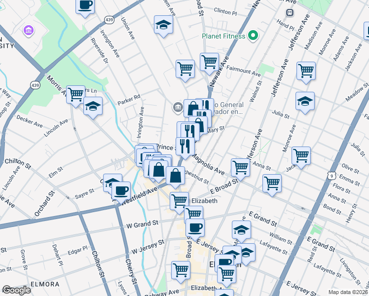 map of restaurants, bars, coffee shops, grocery stores, and more near 332-42 North Broad Street in Elizabeth