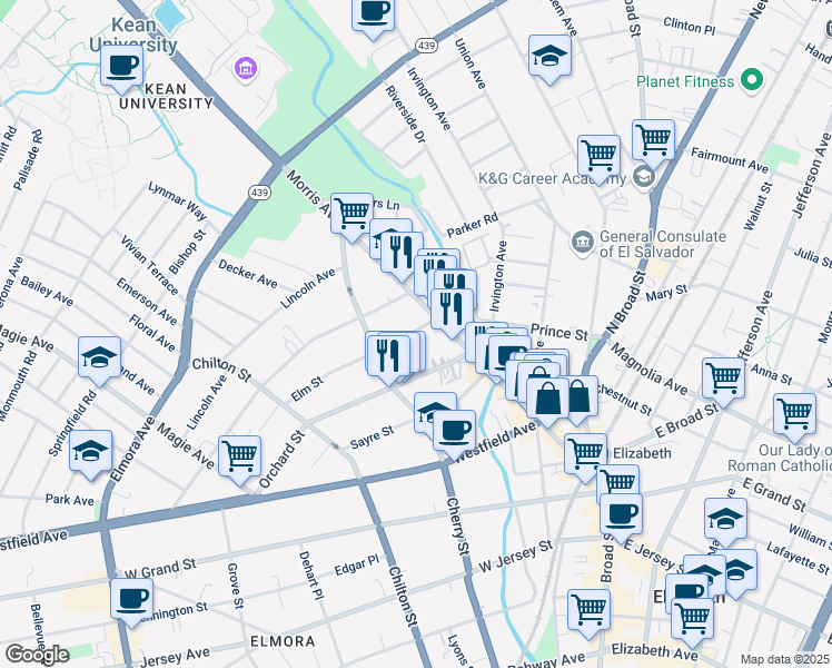 map of restaurants, bars, coffee shops, grocery stores, and more near 416 Morris Avenue in Elizabeth