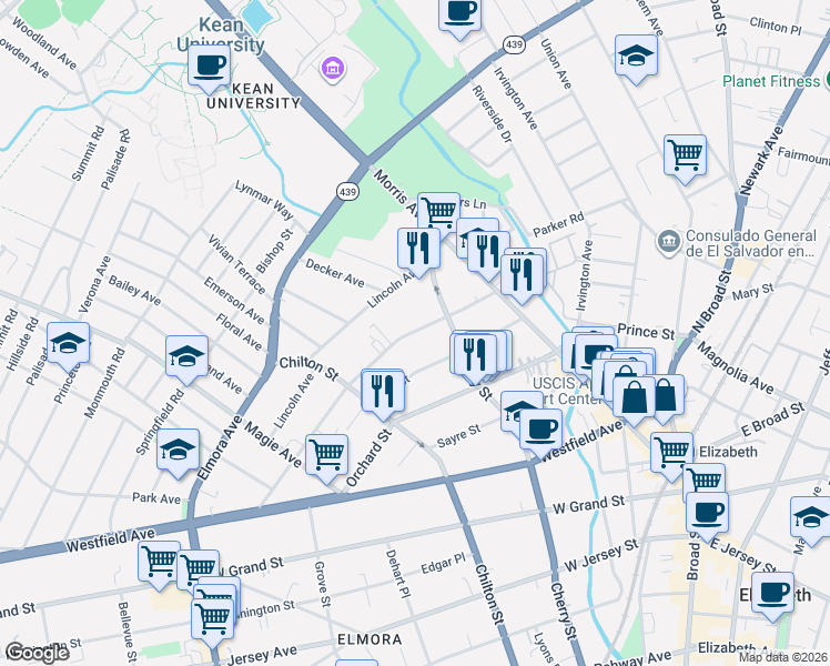 map of restaurants, bars, coffee shops, grocery stores, and more near 146 Stiles Street in Elizabeth