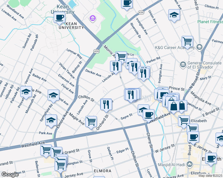 map of restaurants, bars, coffee shops, grocery stores, and more near 146 Stiles Street in Elizabeth