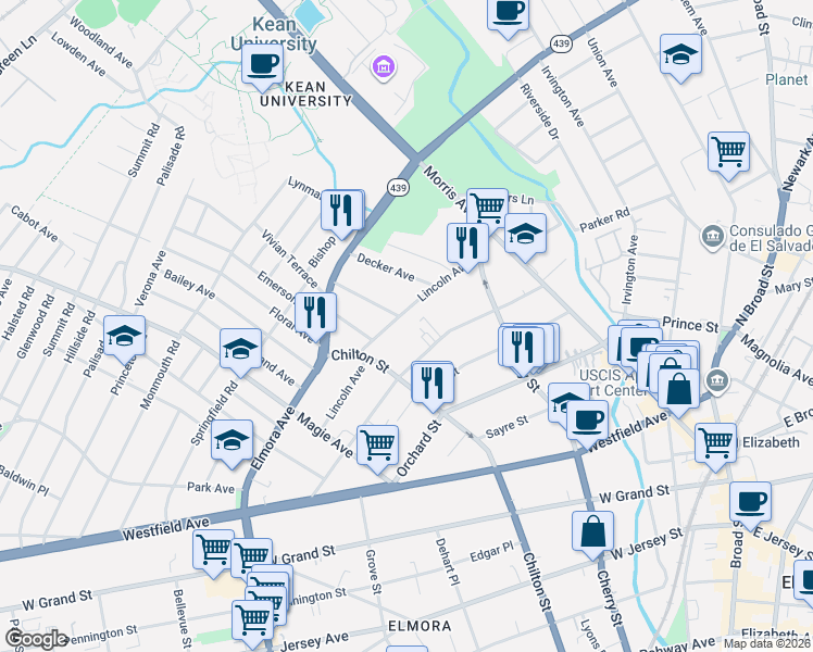 map of restaurants, bars, coffee shops, grocery stores, and more near 167-177 Stiles Street in Elizabeth