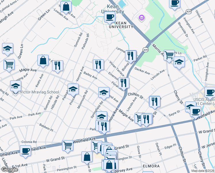 map of restaurants, bars, coffee shops, grocery stores, and more near 332 Springfield Road in Union