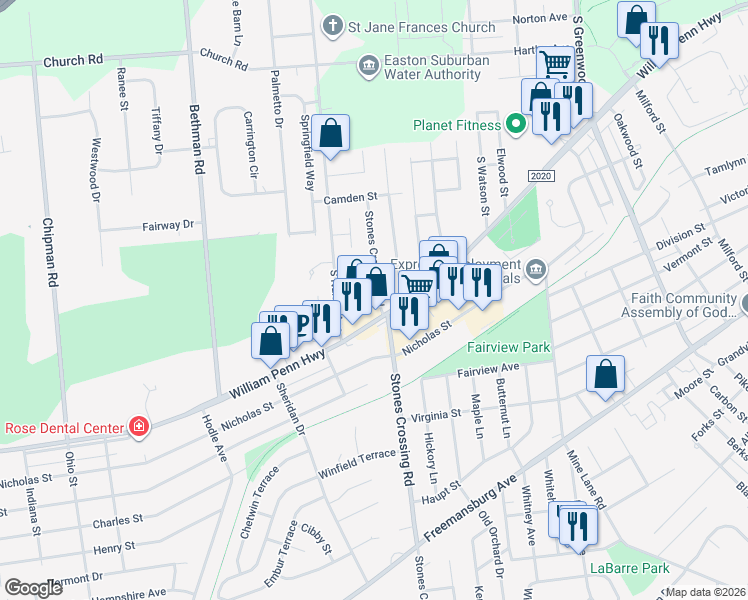 map of restaurants, bars, coffee shops, grocery stores, and more near 201 Village At Stones Crossing Road in Easton