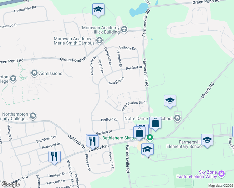 map of restaurants, bars, coffee shops, grocery stores, and more near 117 Commonwealth Drive in Bethlehem