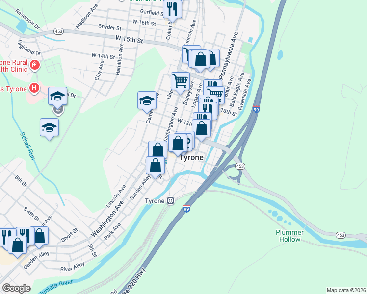 map of restaurants, bars, coffee shops, grocery stores, and more near 100 West 10th Street in Tyrone