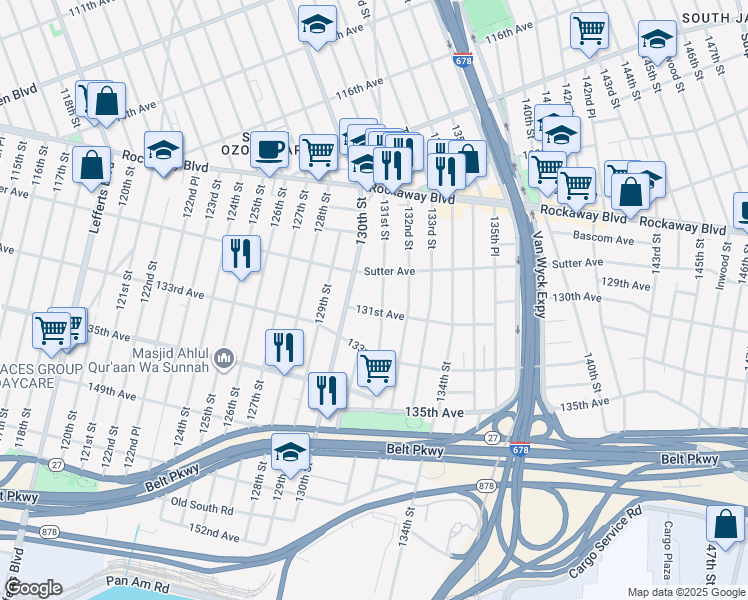 map of restaurants, bars, coffee shops, grocery stores, and more near 129-41 131st Street in Queens