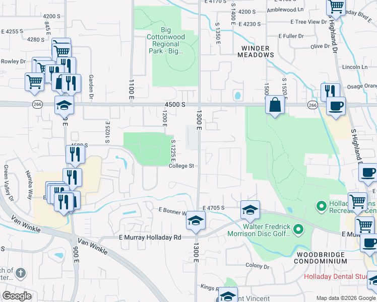map of restaurants, bars, coffee shops, grocery stores, and more near 1279 East 4620 South in Millcreek