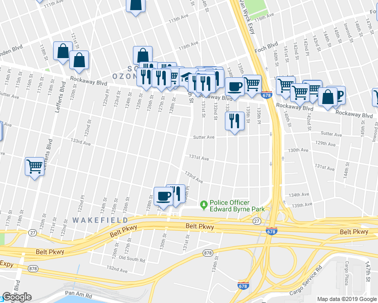map of restaurants, bars, coffee shops, grocery stores, and more near 130-29 130th Street in Queens